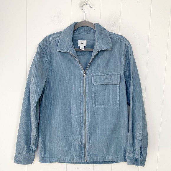 H&M Mens Corduroy Jacket size S Light Blue Long Sleeve Collar Zip Harrington - Picture 1 of 10